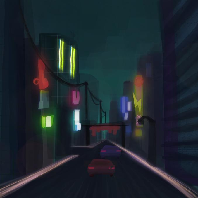 First concept sketch. Sets a rough style for the aesthetic of the game. The cars and sign on the path act as obstacles for the player, and there is a junction in the path where the player must choose which direction to go.